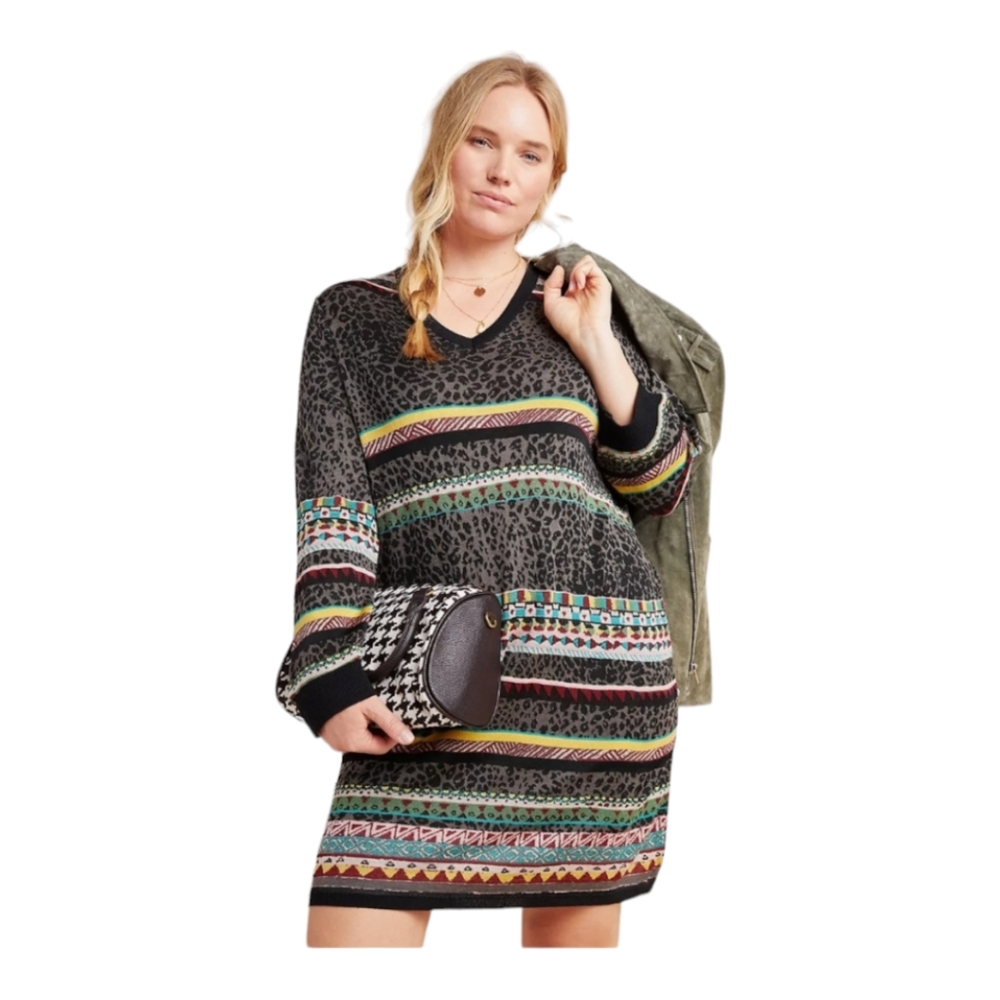 Aldomartins Anthropoligie Anna Geometric-Detailed Leopard-Print Jumper Dress 1X